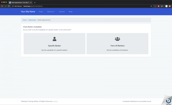 First page of customer facing booking system.