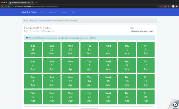 Calendar displaying a barbers availability