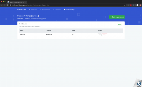 Services settings screen
